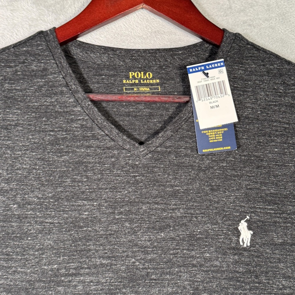 Polo Ralph Lauren Shirt Mens Medium Black Heather V Neck Pony Logo Short Sleeve - Picture 2 of 8